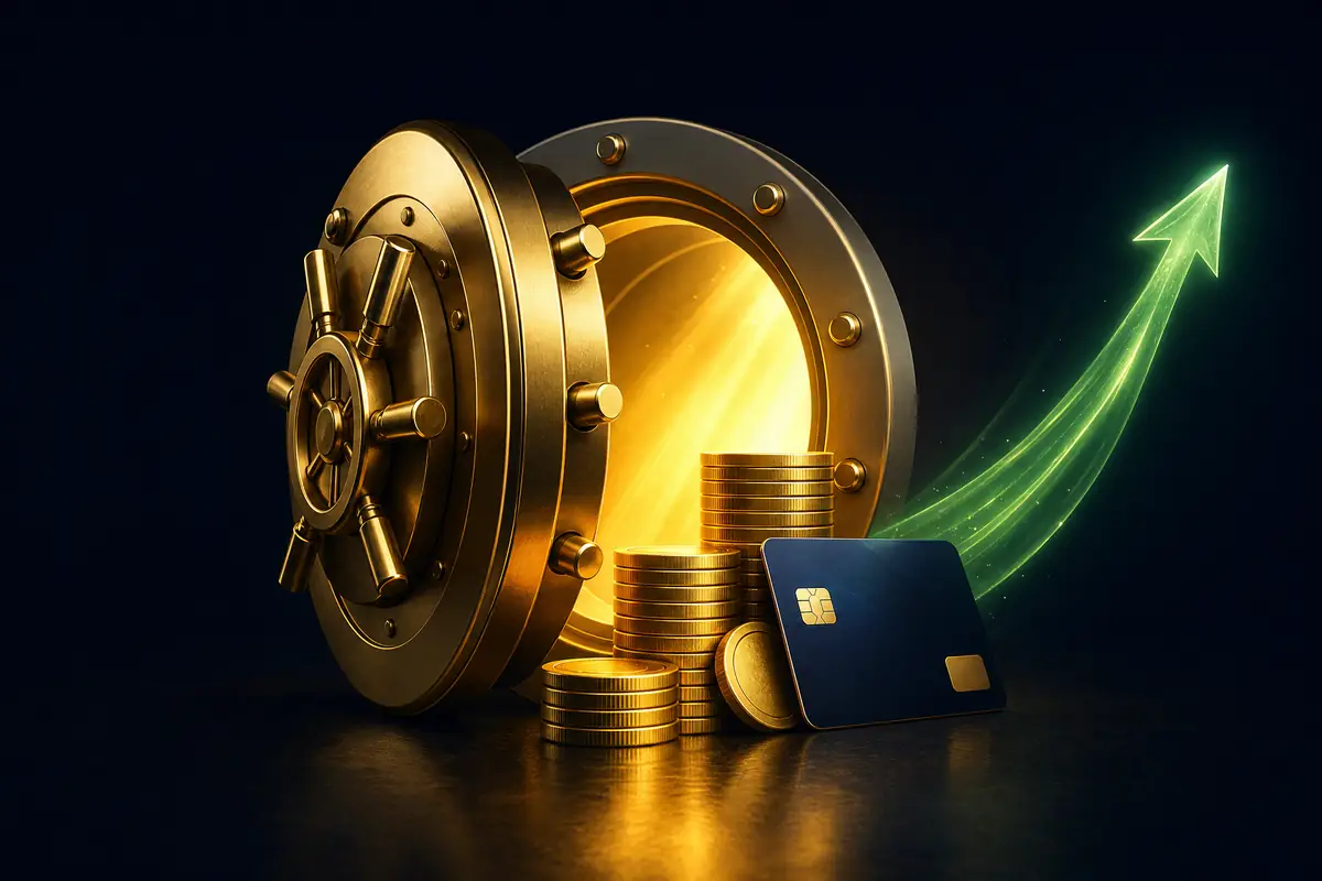 Brankas emas terbuka dengan cahaya hangat dan tumpukan koin sebagai simbol bonus deposit pertama