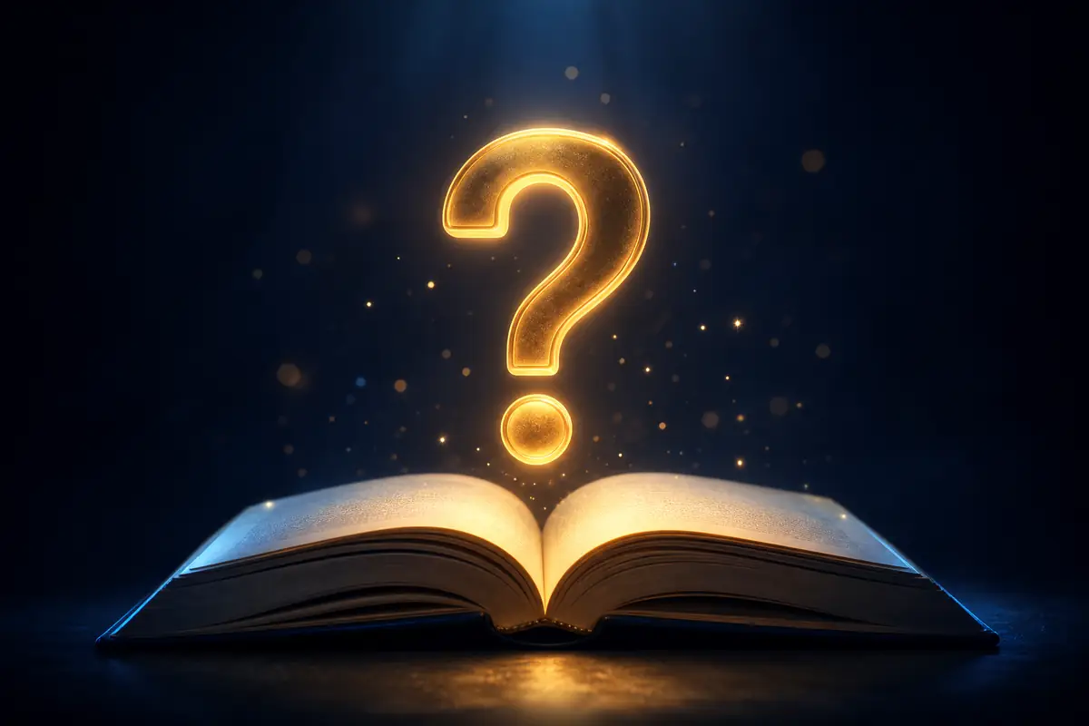 Tanda tanya emas di atas buku terbuka sebagai simbol pusat bantuan