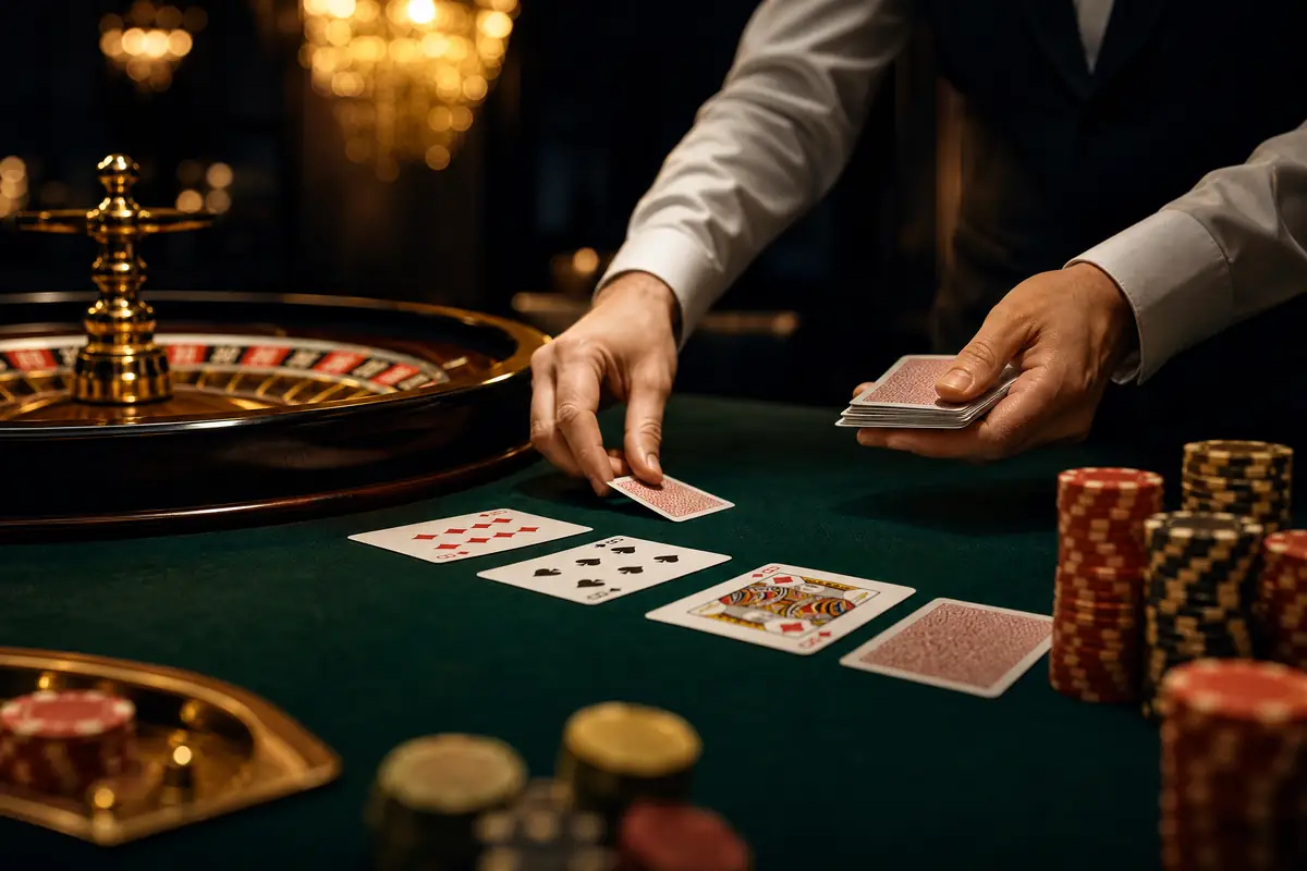 Meja live casino dengan roda roulette dan kartu