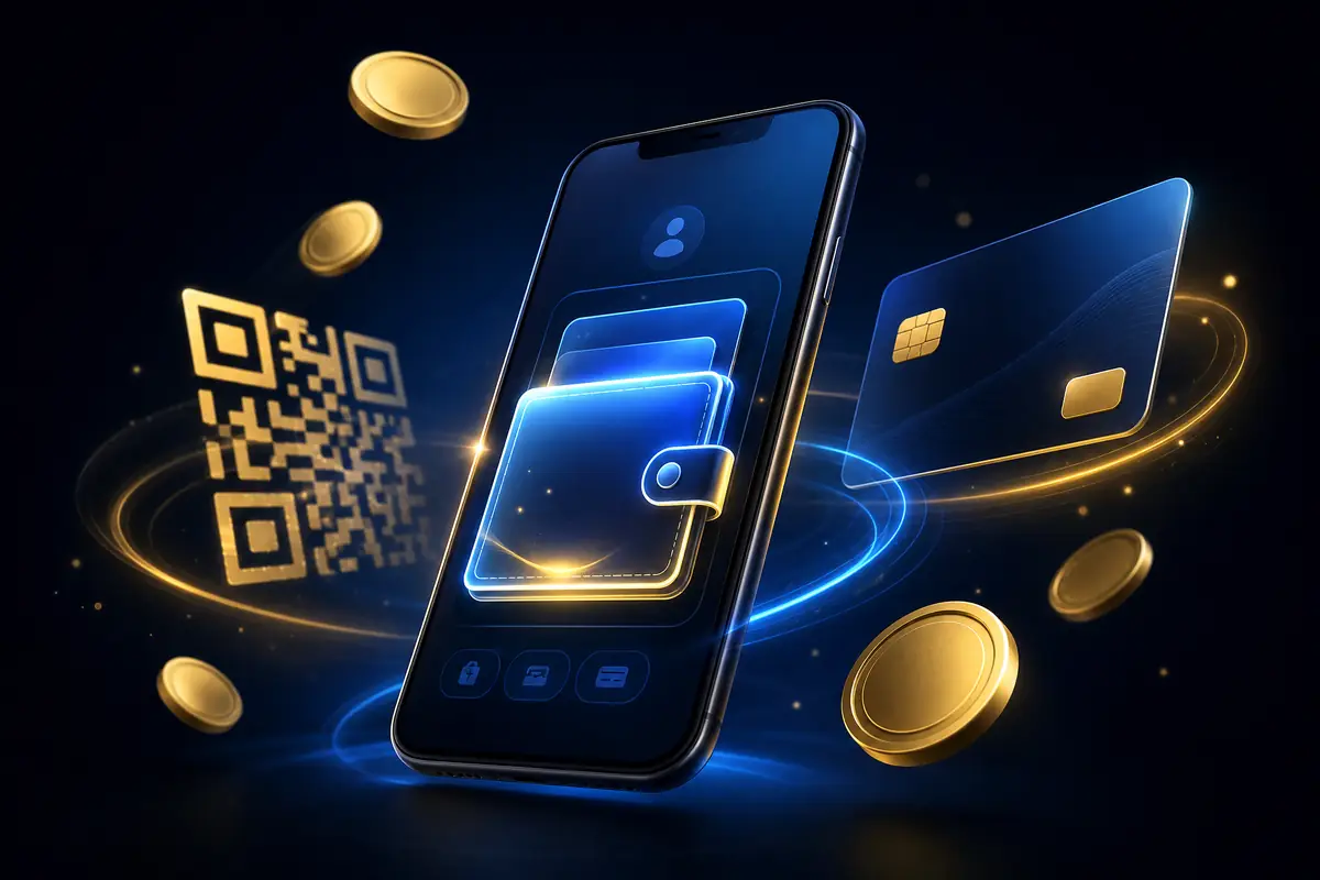 Ilustrasi dompet digital dan koin emas untuk panduan penarikan dana