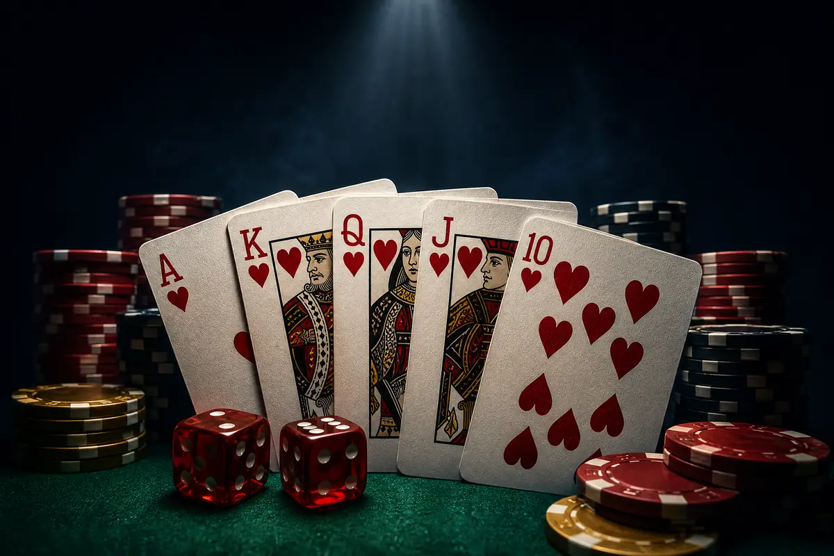 Kartu royal flush dan chip poker di atas meja hijau