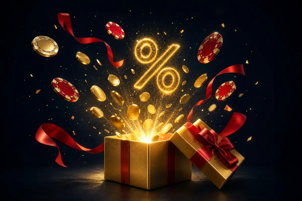Kotak hadiah emas terbuka dengan koin dan pita merah sebagai simbol promosi