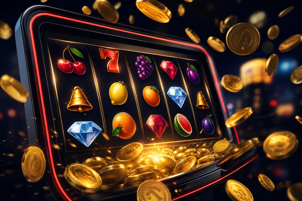 Mesin slot online dengan simbol buah dan koin emas