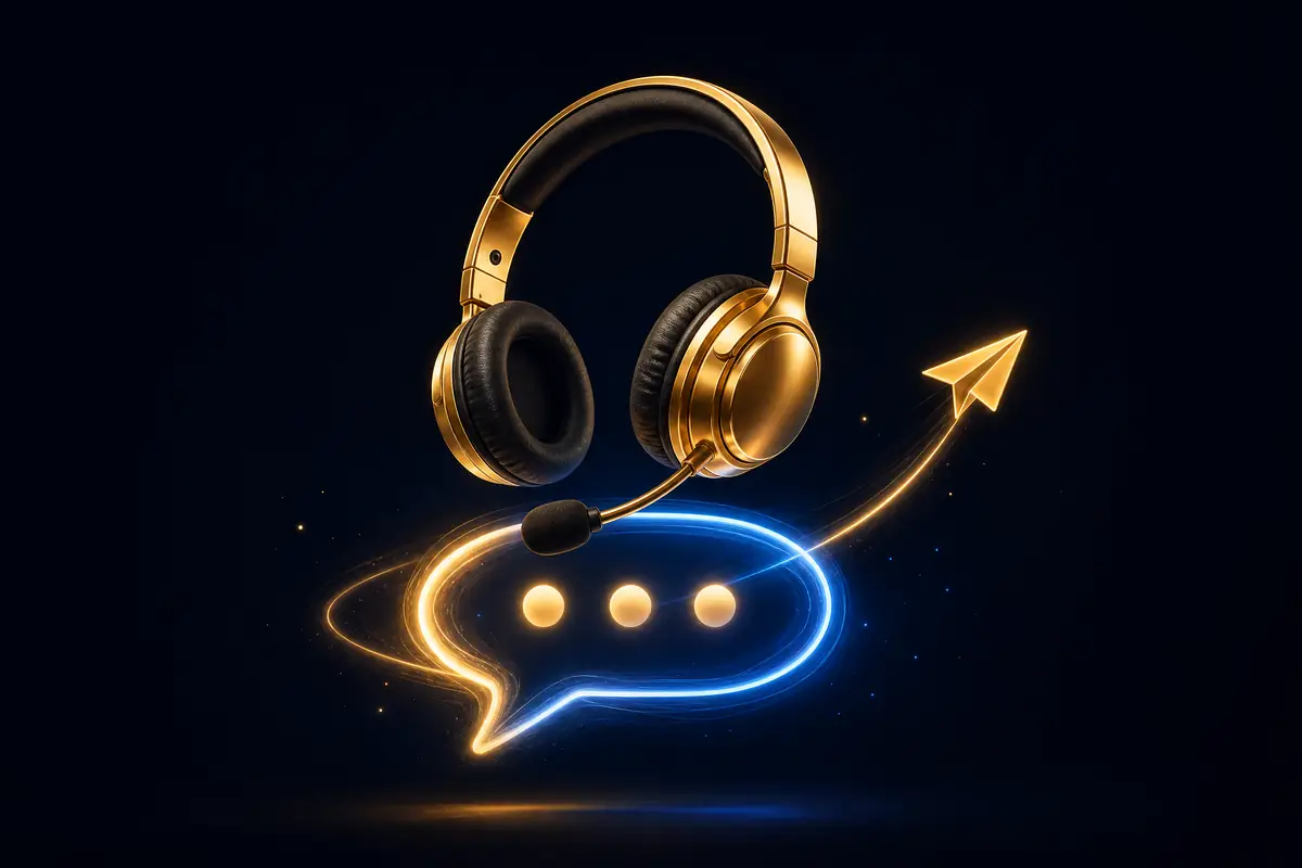 Headset emas dengan gelembung chat sebagai simbol layanan pelanggan