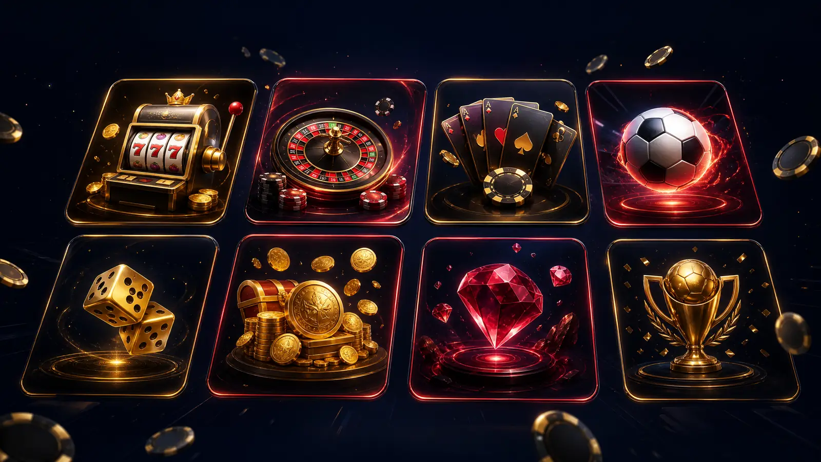 Ilustrasi lobi permainan Grandbet88 berisi slot, roulette, kartu poker, dan bola